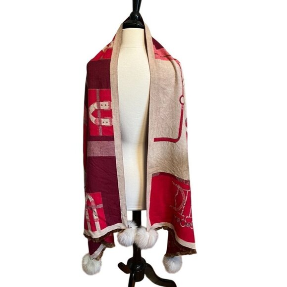 Mitchies Accessories - Mitchies Scarf Red Women Old Money Regal Equestrian Fox Fur Poms Luxury 80s